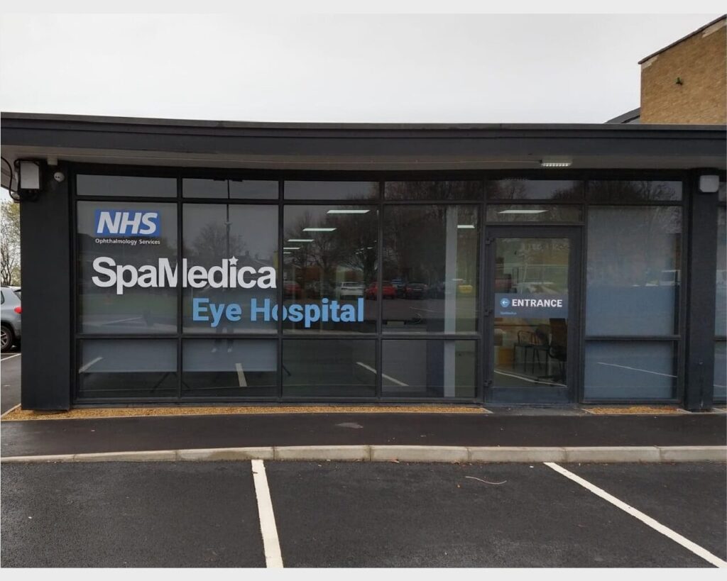 The glazed entrance of SpaMedica Eye Hospital in Preston